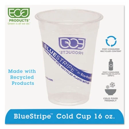 Eco-Products BlueStripe Recycled Content Clear Plastic Cold Drink Cups, 16 Oz., 1000/Carton