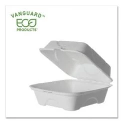 Eco-Products Vanguard Renewable And Compostable Sugarcane Clamshells, 1-Compartment, 6" W X 6" D X 3" H, 500/Carton