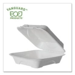 Eco-Products Vanguard Renewable And Compostable Sugarcane Clamshells, 1-Compartment, 8" W X 8" D X 3" H, 500/Carton