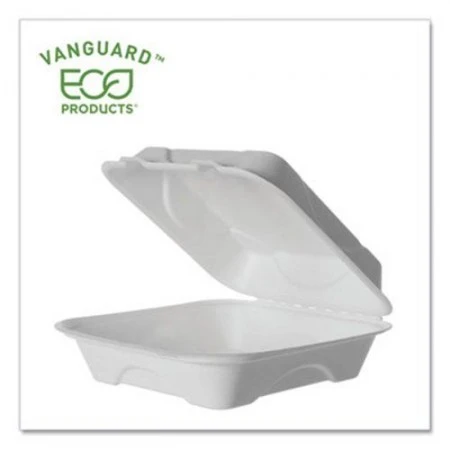 Eco-Products Vanguard Renewable And Compostable Sugarcane Clamshells, 1-Compartment, 8" W X 8" D X 3" H, 500/Carton