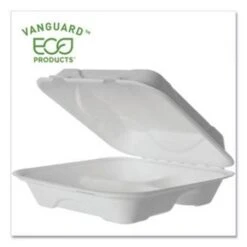 Eco-Products Vanguard Renewable And Compostable Sugarcane Clamshells, 3-Compartment, 9" W X 9" D X 3" H, 200/Carton