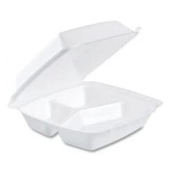 Dart White 3-Compartment Foam Container With Perforated Hinged Lid, 8-3/8" X 7-7/8" X 3-1/4", , 200/Carton