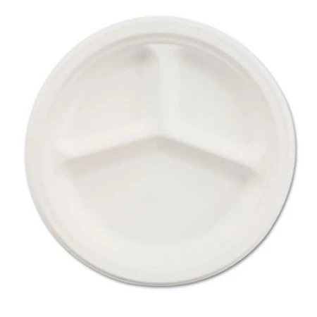 Paper Dinnerware, 3-Comp Plate, 9 1/4" Dia, White, 500/Carton