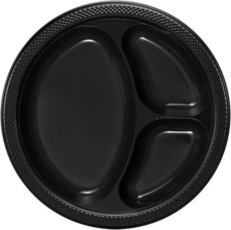TigerChef Black Plastic 3 Compartment Divided Plates, 100/Pack