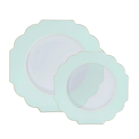 TigerChef Clear Mint Round Scalloped Gold Rim Plastic Dinner Plate 10-7/10" - 10 Pcs