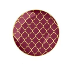 TigerChef Cranberry Plastic Appetizer Plate With Gold Lattice Pattern 7-1/4" - 10 Pcs