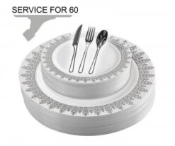 TigerChef Disposable Plastic Plate And Silverware Combo Set, Opulent White And Silver - Service For 60