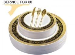 TigerChef Disposable Plastic Plate And Silverware Combo Set, Royalty Black And Gold - Service For 60