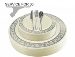 TigerChef Disposable Plastic Plate And Silverware Combo Set, Swirly Cream And Silver - Service For 60
