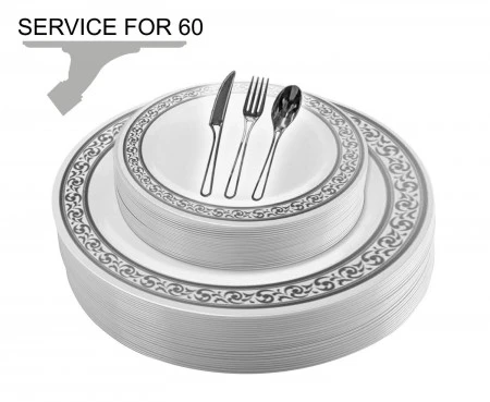 TigerChef Disposable Plastic Plate And Silverware Combo Set, Swirly White And Silver - Service For 60