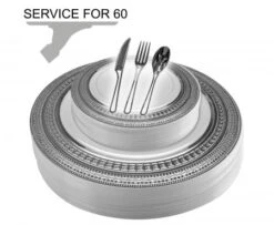 TigerChef Disposable Plastic Plate And Silverware Combo Set, Velvety White And Silver - Service For 60