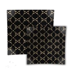 TigerChef Gold Abstract Pattern Black Square Plastic Appetizer Plate 8" - 10 Pcs