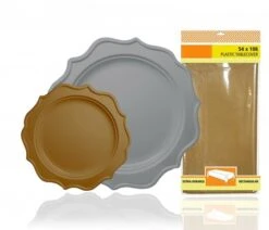 TigerChef Heavy Duty Silver And Gold Scalloped Rim Disposable Party Plates Set With Tablecoth - Service For 24