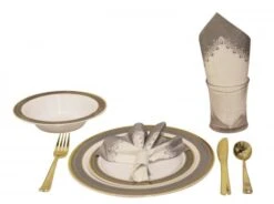 TigerChef Heavyweight Premium Plastic Dinnerware Set With Gold And Silver Trim - Service For 20