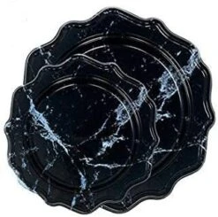 TigerChef Black Marble Round Scalloped Rim Disposable Plastic Plates, Includes 10" Dinner Plates & 8" Salad Plates, Service For 48
