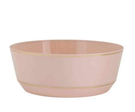 TigerChef Round Blush With Gold Rim Plastic Bowl 14 Oz.- 10 Pcs