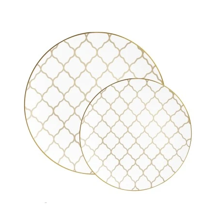 TigerChef White Plastic Appetizer Plate With Gold Lattice Pattern 7-1/4" - 10 Pcs