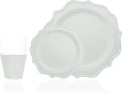TigerChef White Scalloped Rim Disposable Party Supplies Set, Includes 10" Plates, 8" Plates And 9 Oz. Cups, Service For 96